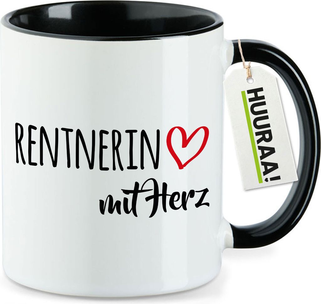 Huuraa Kaffeetasse Rentnerin mit Herz 330ml Schwarz Keramik Kaffeebecher Geschenkidee
