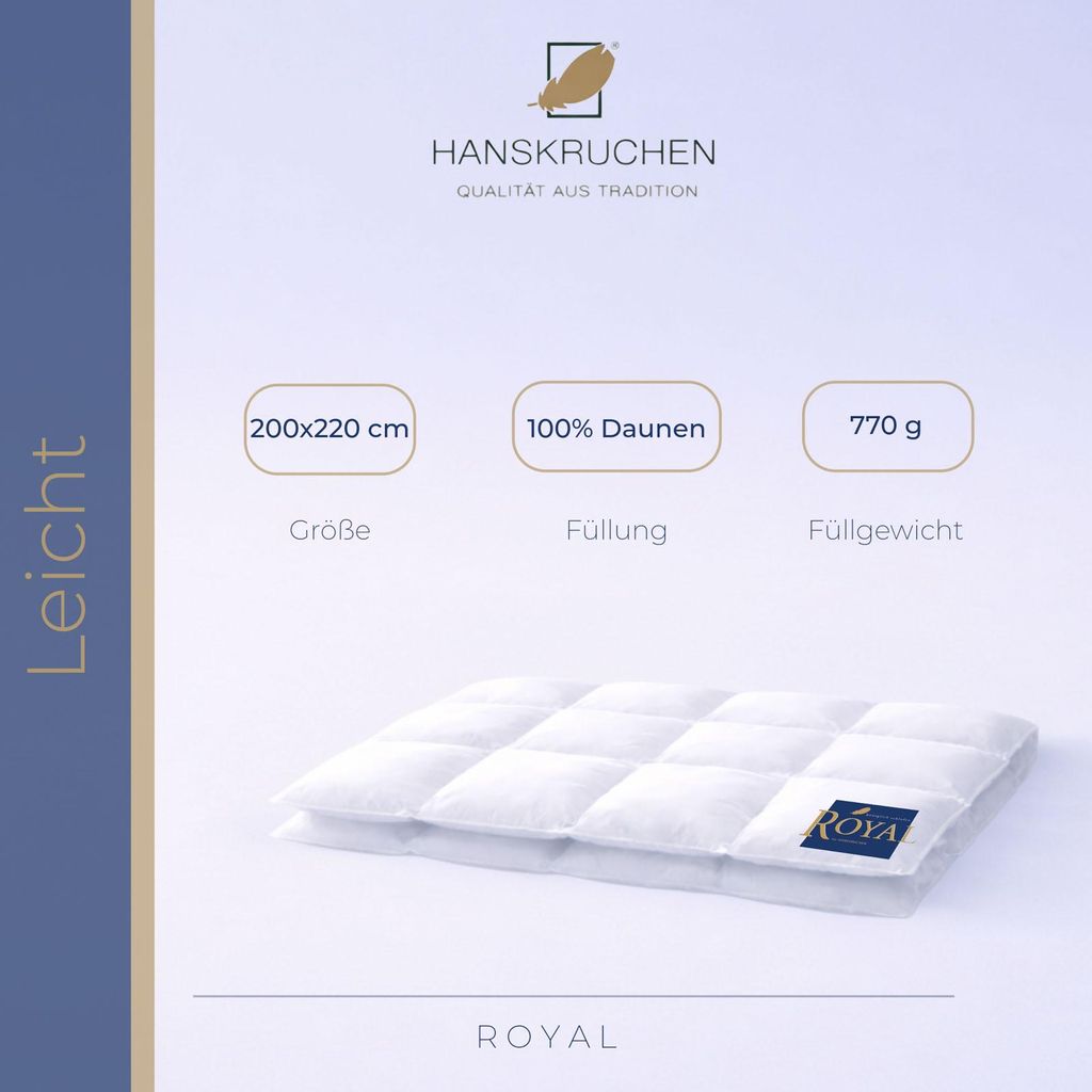 HANSKRUCHEN Royal Dauneneinziehdecke 200x220 cm Leicht 100% Gänsedaunen waschbar Allergiker Daunendecke atmungsaktiv Kassettenbettdecke weiß