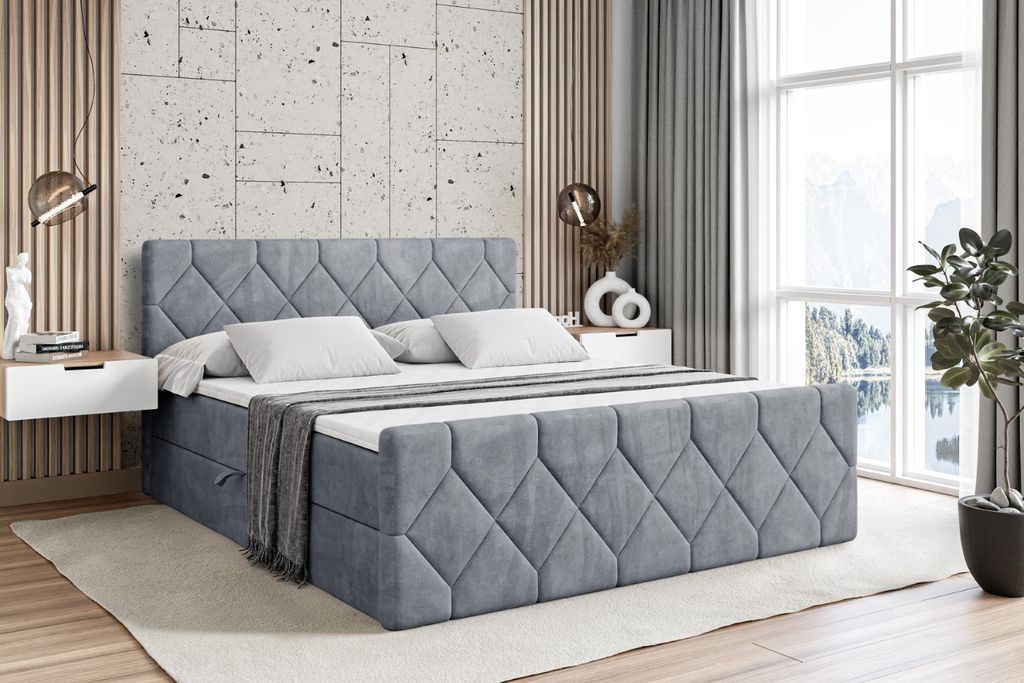ALTDECOR Boxspringbett mit Fußteil, H4 Matratze und Topper - 140x200 cm - CATOR-Z - Grau Samt - Polsterbett mit Bettkasten und Lattenrost, Bett mi...