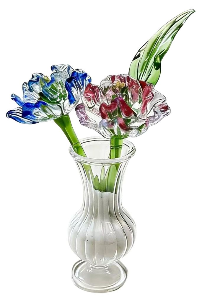 Mini-Glasblumenfigur, mundgeblasen, kleiner künstlicher Kristallblumenstrauß (Nelke/Lili/Pfingstrose) in Vase, ideal als Tischdekoration zum Mutt...