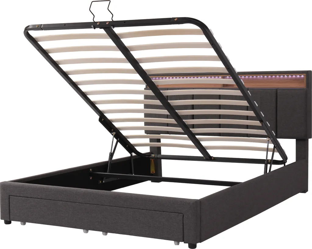 Lit Double 140x200cm Boxspring Hydraulique en Lin avec LED Design - 9
