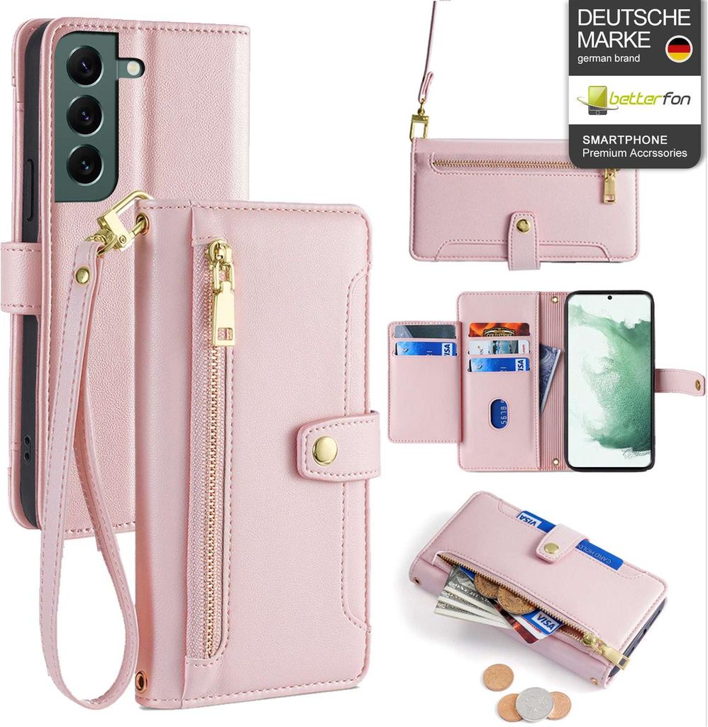Handykette Samsung Hülle mit Band Handyhülle Kartenfächer Kunstleder Umhängetasche Galaxy S22+ Rosa