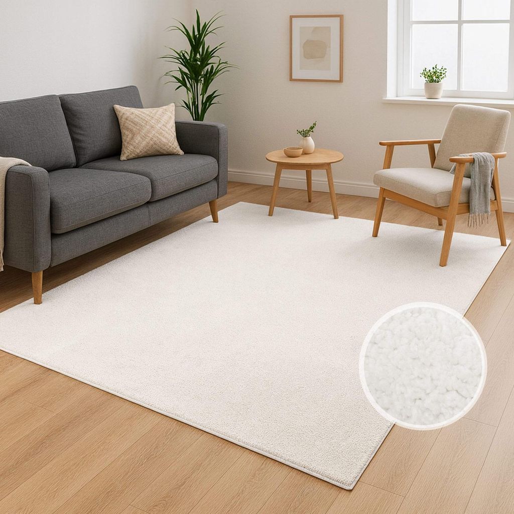 Waschbarer Teppich Wohnzimmer Kurzflor - 160x220 cm Weiß - Rutschfest & Pflegeleicht