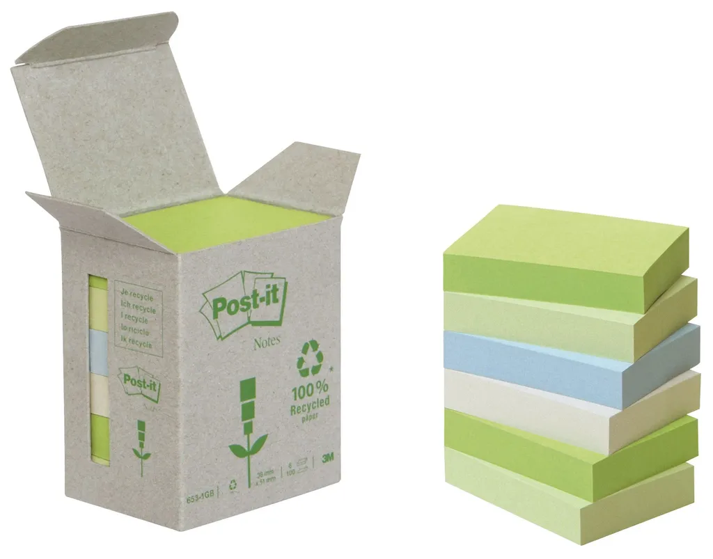 Notes adhésives recyclées Post-it® 653-1GB assortiment Rainbow de 6 blocs