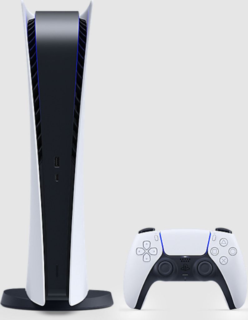 A Sony Playstation 5 Digital Edition console and controller are displayed against a plain white background.