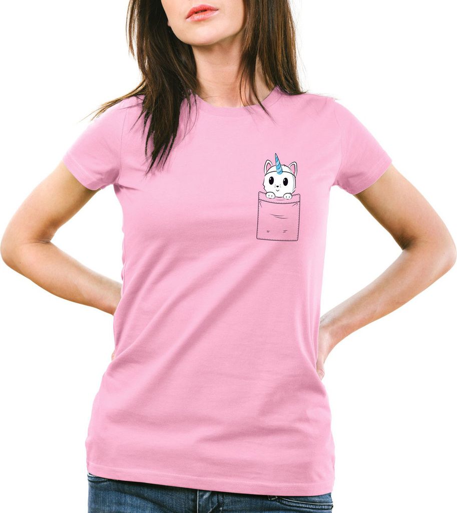 style3 Unicorn Pocket Cat Damen T-Shirt Einhorn Katze Brusttasche, Farbe:Pink, Größe:XS