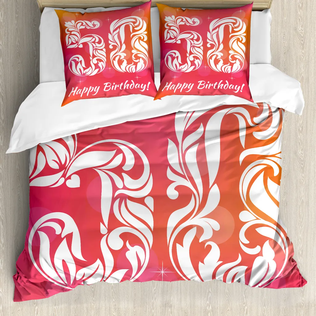 ABAKUHAUS 50° compleanno Copripiumino, vortici e stelle, antiacaro, adatto a chi soffre di allergie, con federe, 155 cm x 220 cm - 80 x 80 cm, rosa arancione bianco