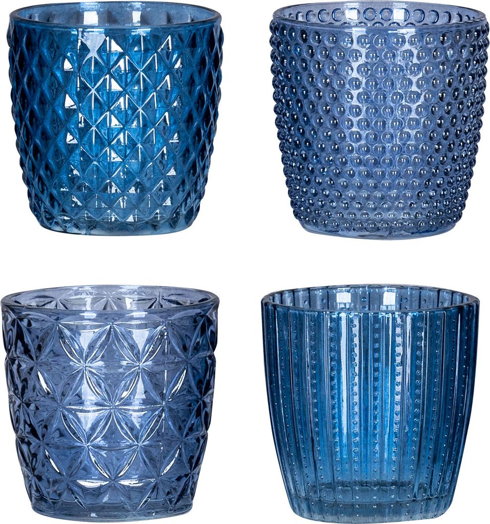 4er Set Windlicht H7,5cm Glas Blau Teelichthalter Tischdeko Produktbild 