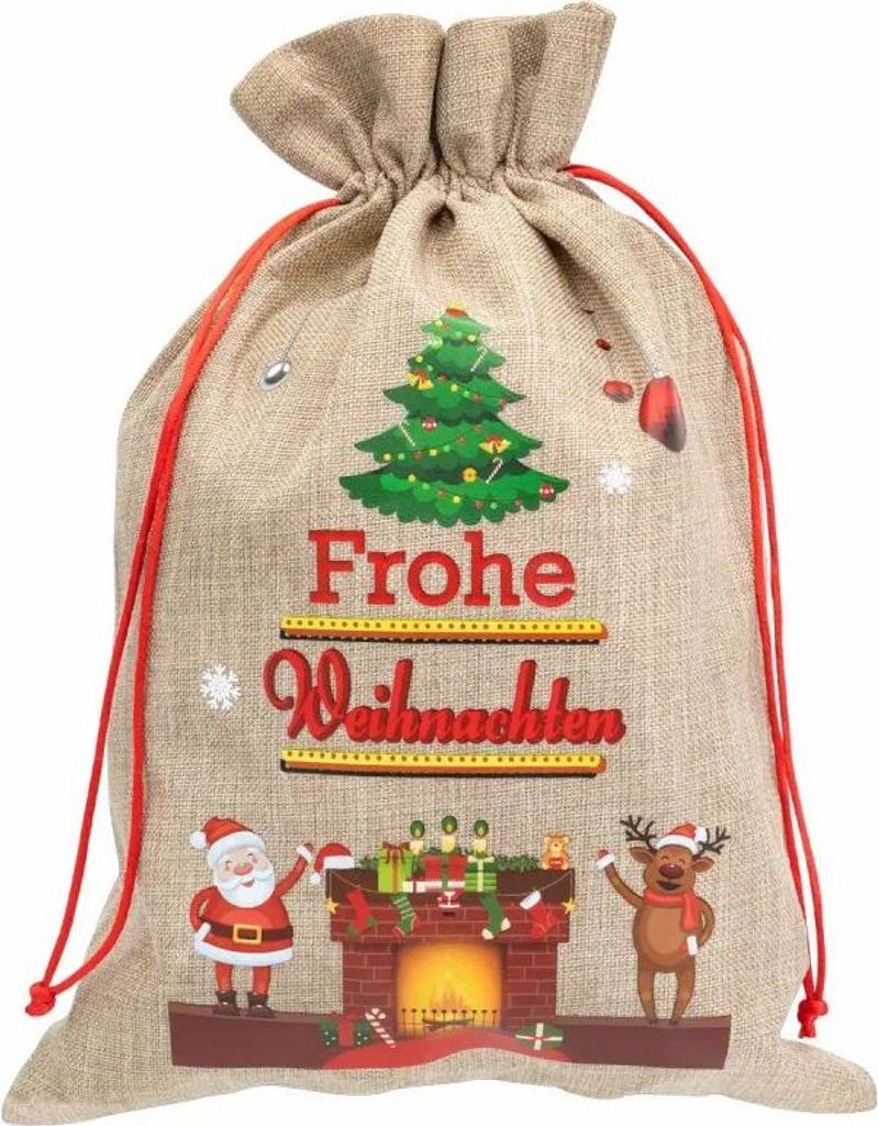 12x Weihnachtsgeschenksack Tannenbaum Kamin 22x32cm Jute, Weihnachtsmann Rentier