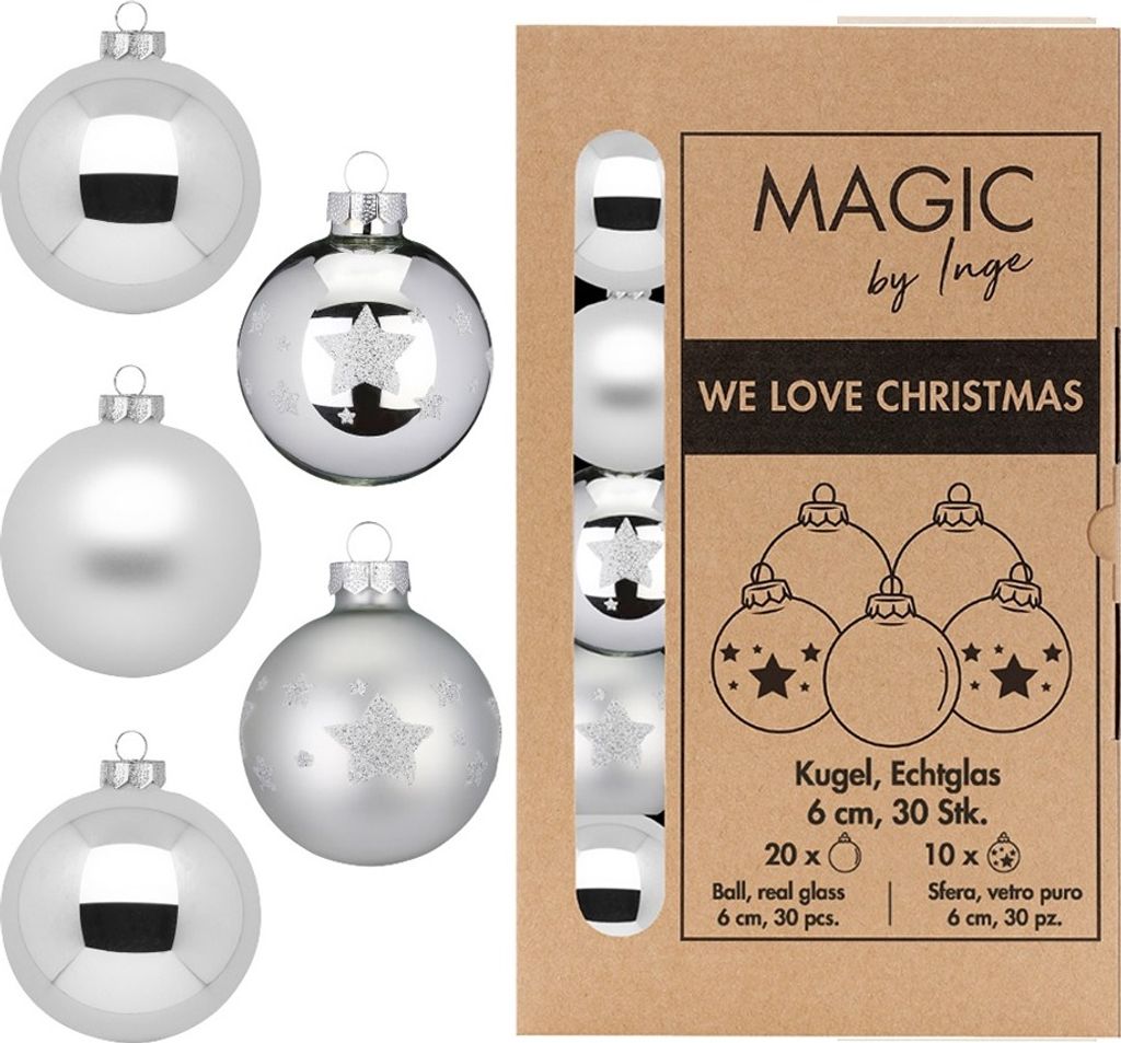 Weihnachtskugeln Glas 6cm mit Sternenmuster 30 Stück - Frosty Silver