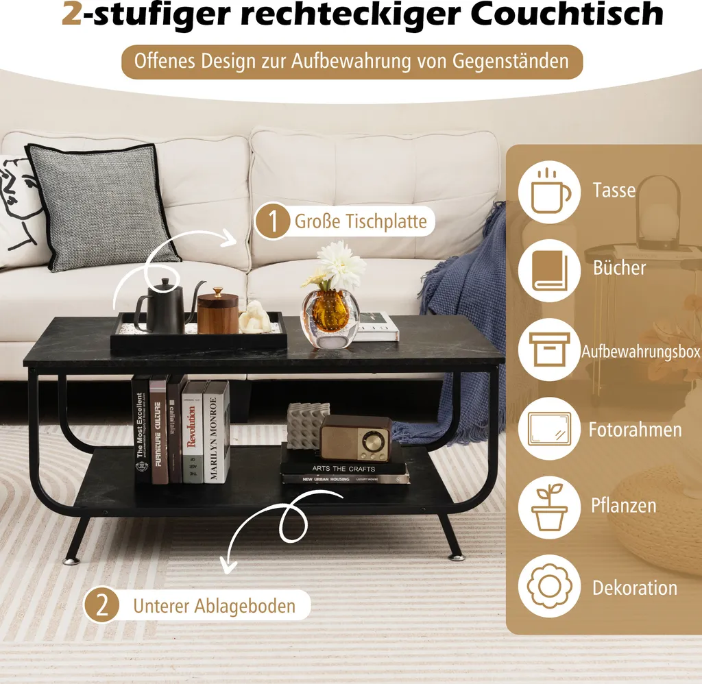 Table de salon rectangulaire noire style marbre avec double plateau - 3