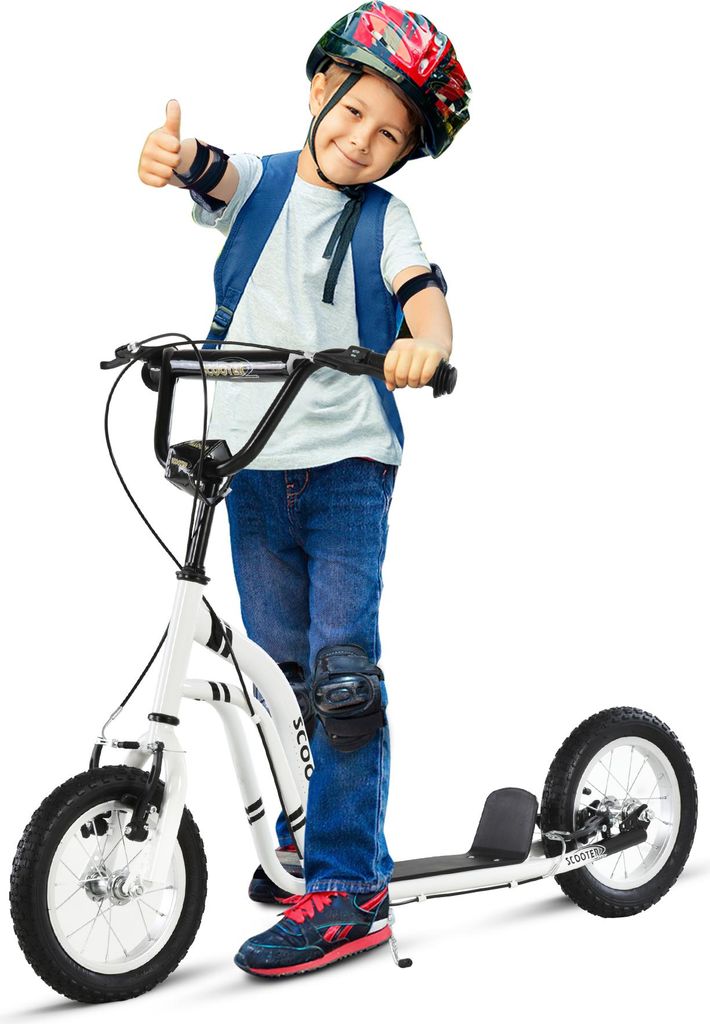 Kinderroller ab 5 Jahre, Scooter, Tretroller Cityroller Kinder Kickboard, 12 Zoll Luftreifen, Aluminium, Weiß, 120 x 58 x 85–95 cm