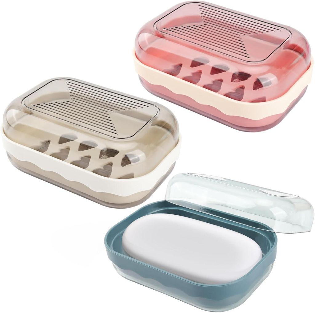 Set mit 3 Reiseseifenschalen, wasserdichte und versiegelte Boxen, für Zuhause, Badezimmer, Camping (Blau, Grau-Weiß, Rosa)