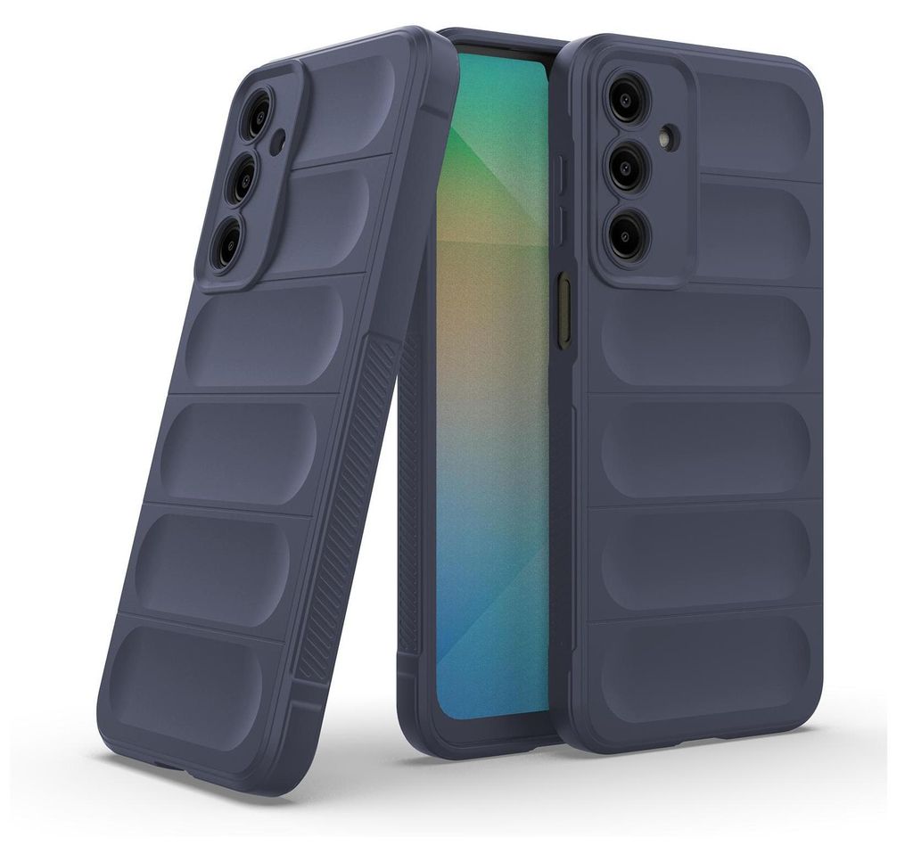 Two dark blue phone cases are shown, one in front of the other, with a phone screen visible between them.