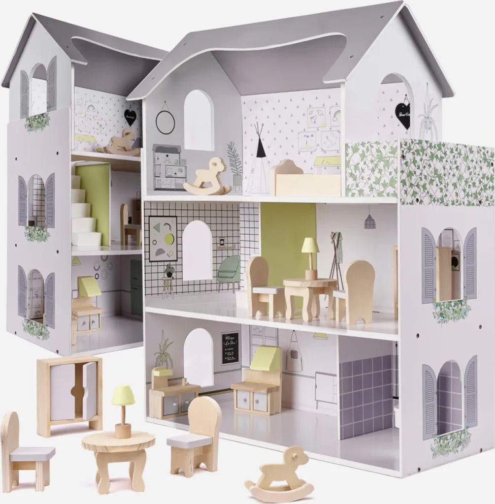Maison de poupée en bois 70cm grise avec meubles pour chambre enfant