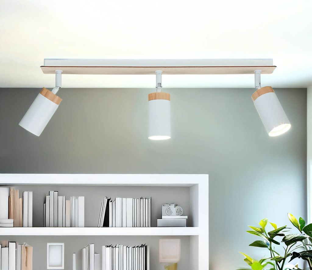 Langer Strahler Weiß Holz L:72cm 3-flammig GU10 verstellbar Skandinavisch Spot Lampe Decke Wohnzimmer