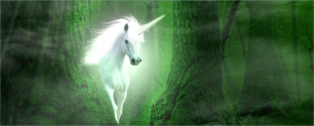 Wallario selbstklebendes Poster - Weißes Einhorn im grünen Wald, Größe: 50 x 125 cm