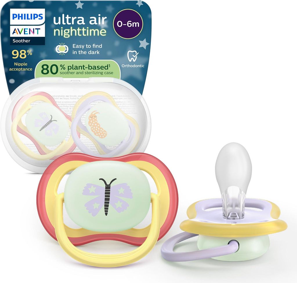Philips Avent ultra air Nighttime Schnuller – kiefergerecht geformtes Design, für Babys von 0–6 Monaten, leuchtet im Dunkeln, weicher, symmetr...