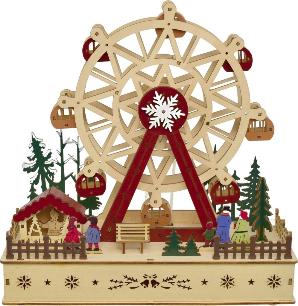A wooden Ferris wheel decoration with small figures and a house at its base, set against a white background.