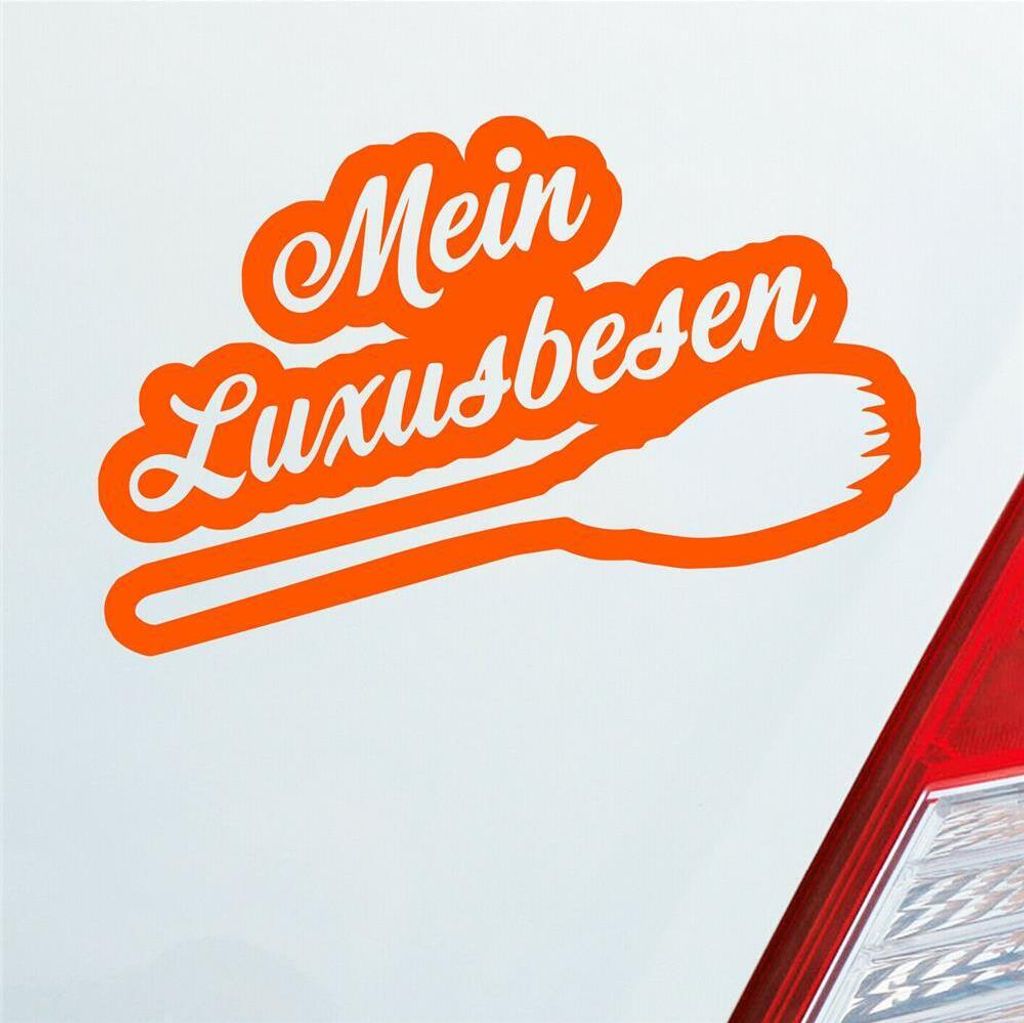 Auto Aufkleber Mein Luxusbesen Hexe fliegen Besen 16,5x10 cm Orange Sticker Heckscheibenaufkleber