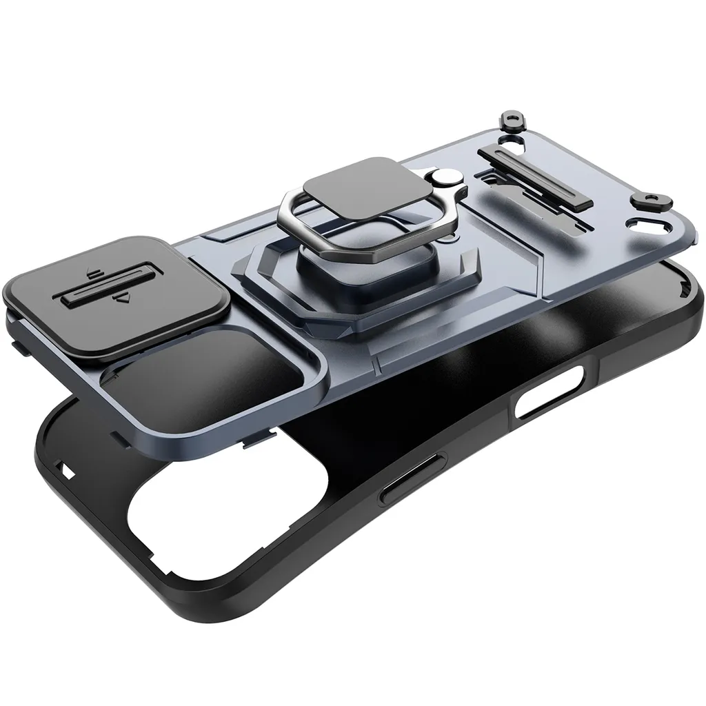 Cover Rugged iPhone 16 Plus Grigio: Doppio Strato con Stand e Slider Cam - 5