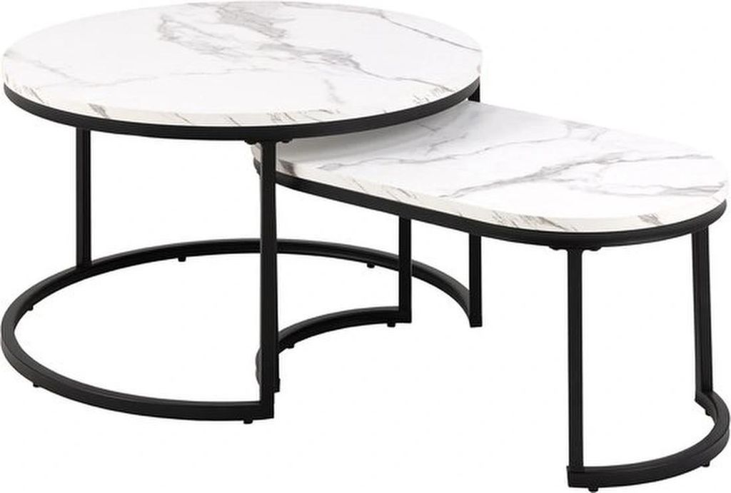Salontafel-set mit zwei Stücken, marmerartigem Design und schwarzem Metallrahmen