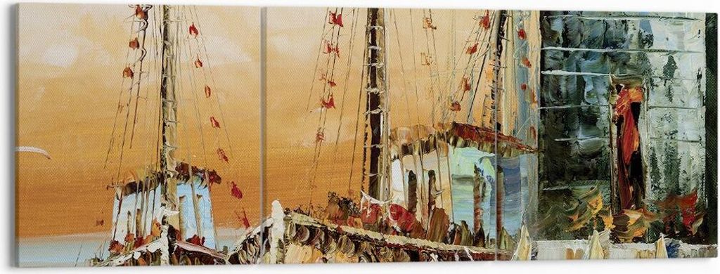 Bild auf Leinwand - Leinwandbild - 3 Teile - Kutter Hafen Öl - 150x50cm - Wand Bild - Wanddeko - Wandbilder - Leinwanddruck - Bilder - Wanddekorat...