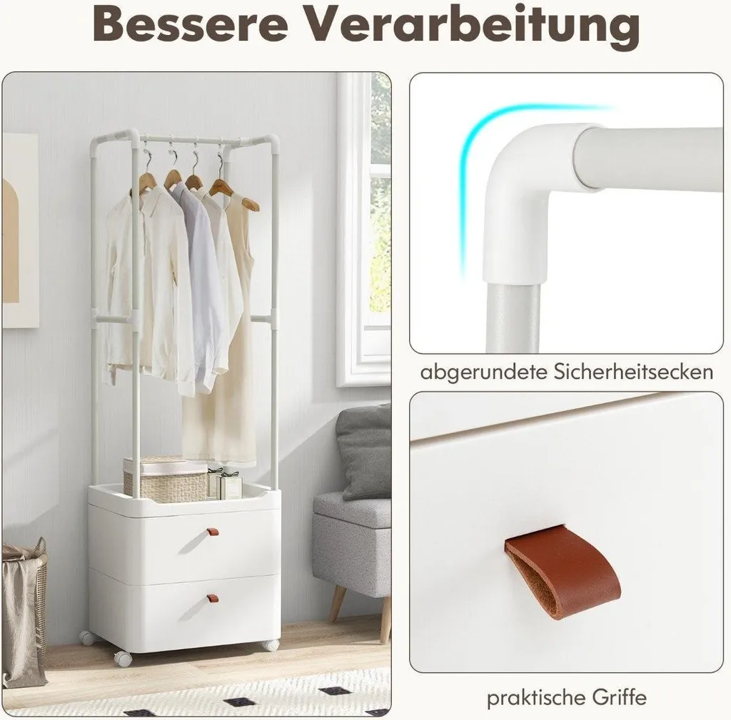 Portant vêtements pour chambre avec rangement tiroirs et roulettes blanc