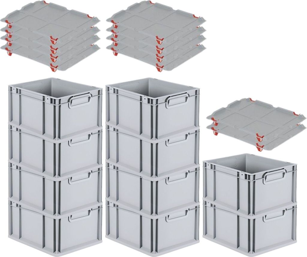 SparSet 10x Eurobox NextGen Grip mit Auflagedeckel inkl. 4 roten Schiebeschnappverschlüssen | HxBxT 22x30x40cm | 20 Liter | Griffe geschlossen | G...