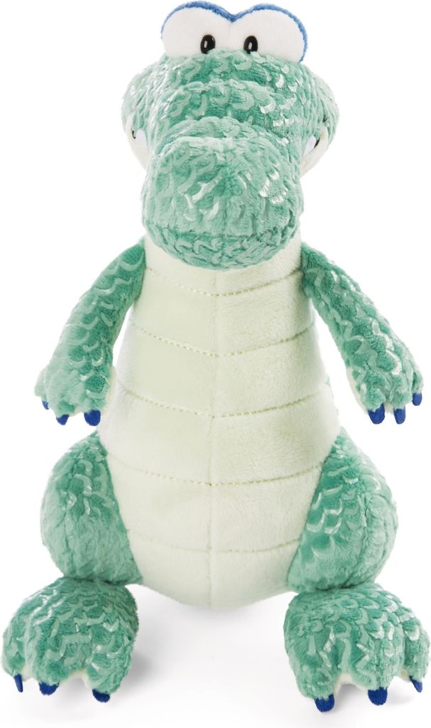 A plush toy crocodile sitting on a white background.