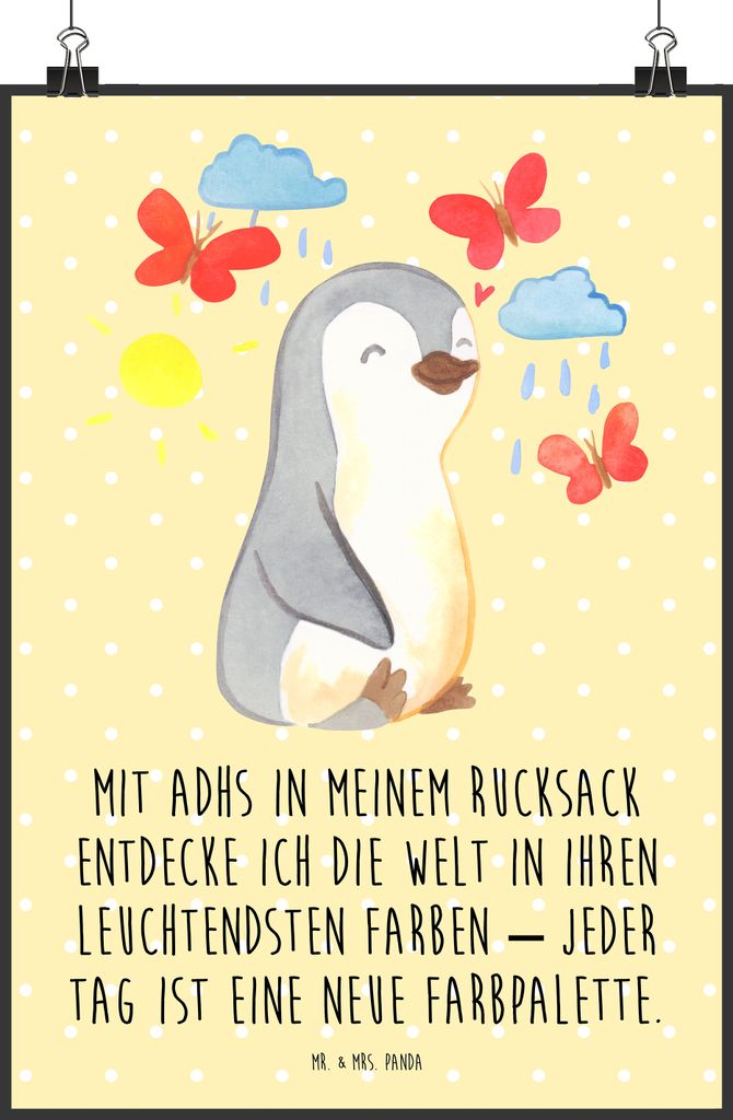 Mr. & Mrs. Panda Bild Pinguin ADHS DIN A4 - Gelb Pastell - Geschenk, Wandbild, Verhaltensstörung, Hyperaktivitätsstörung, Aufmerksamkeitsdefizit...