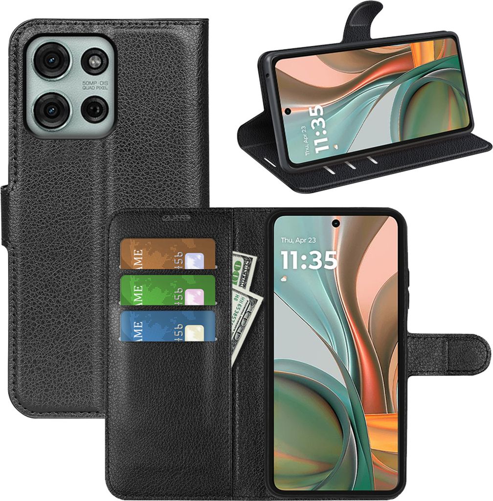 A collage of images showing a black flip wallet case for a Motorola Moto G75 phone, with cards and cash inserted.