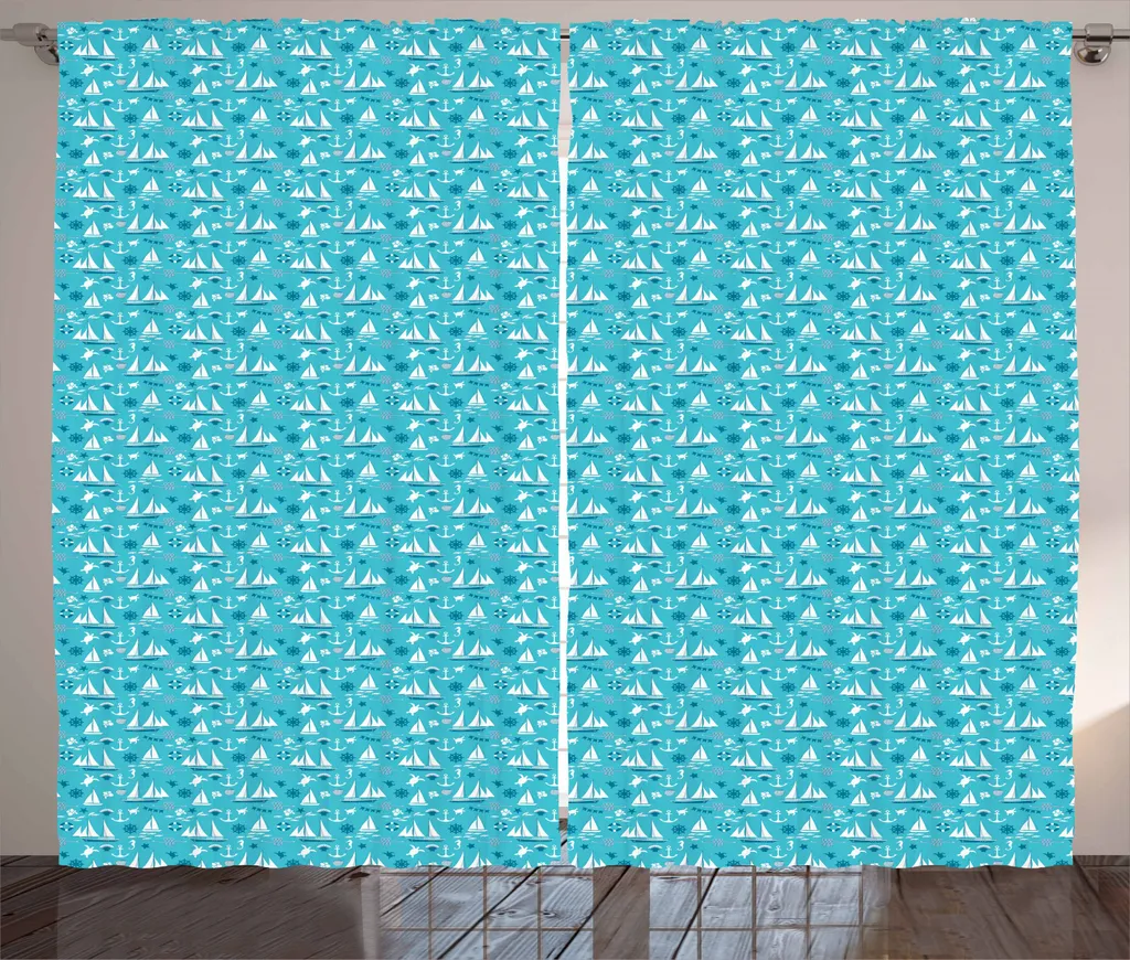 ABAKUHAUS Tenda rustica con motivo di barche a vela, tartarughe e cavallucci marini, per soggiorno, con nastro universale, passanti e ganci, 280 x 245 cm, blu petrolio e turchese