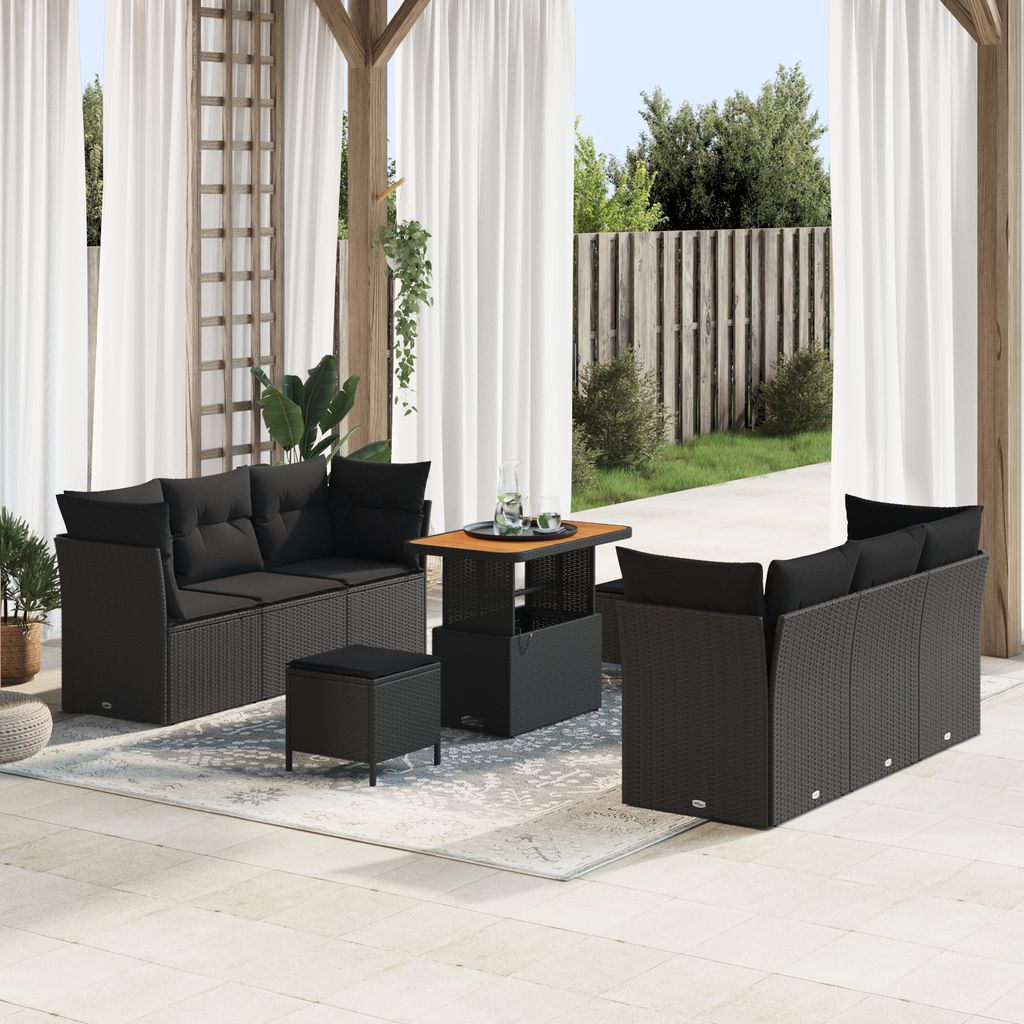 Desgin 9-teiliges Garten Sofa Set mit Kissen Schwarz Poly Rattan Akazie - Gartensofas 3363389