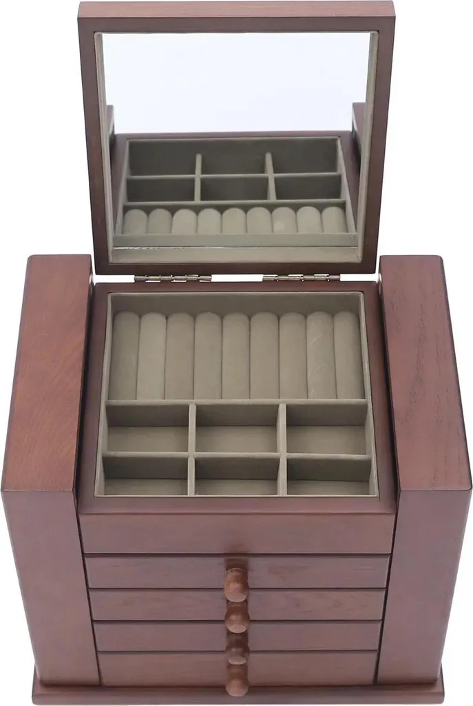 Coffret à bijoux en bois marron à 5 niveaux avec miroir et 4 tiroirs
