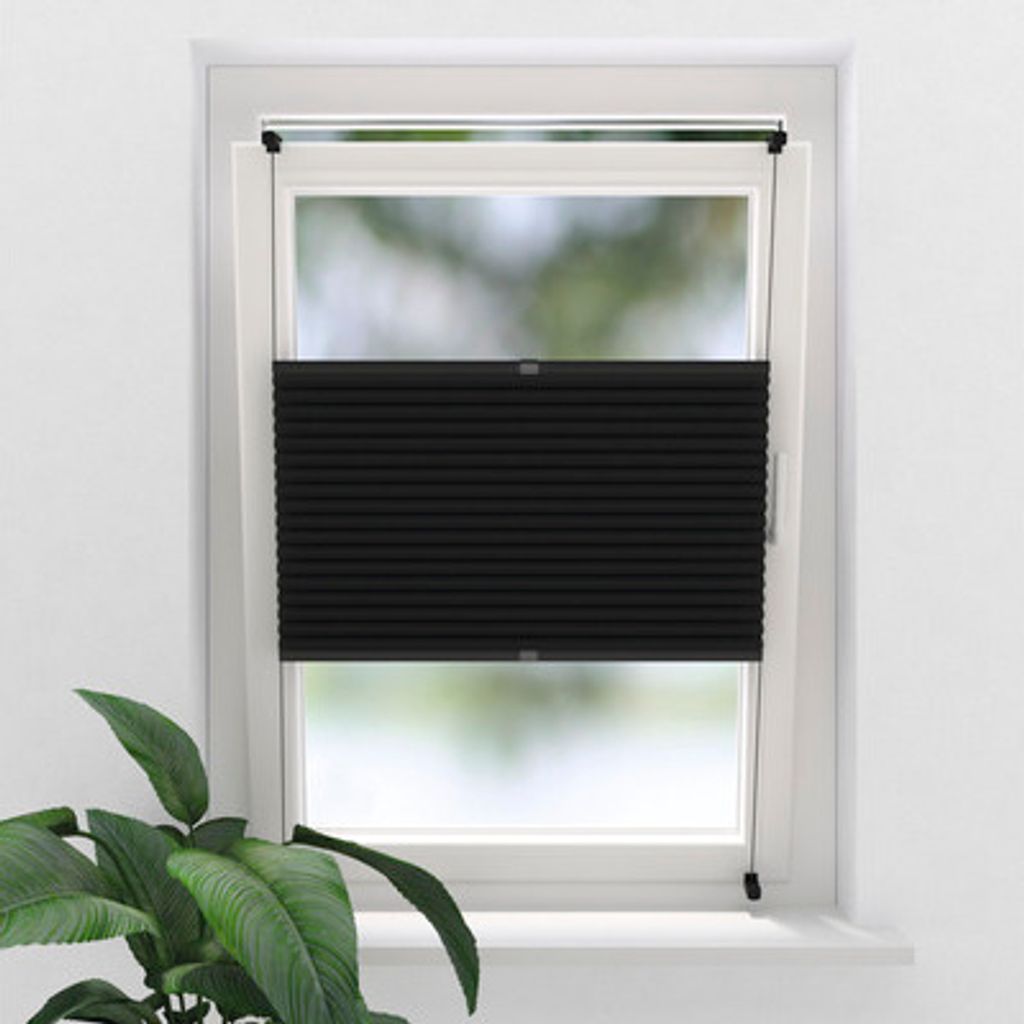 SOLUNA Faltenplissee mit Seitenverspannung und farblich abgestimmter Mechanik ohne Bohren schwarz 70x130 cm