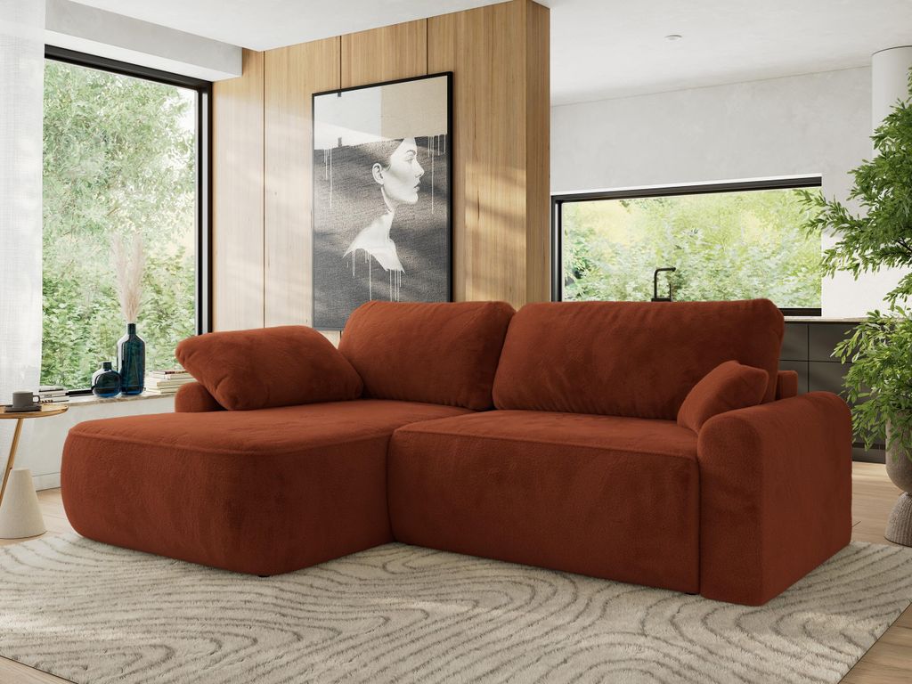 MKS MEBLE Ecksofa CUBO L-form, lose Kissen, Ecksofa 273x187x100 cm mit Schlaffunktion, Bettkasten - Orange Plüsch - Links Seite