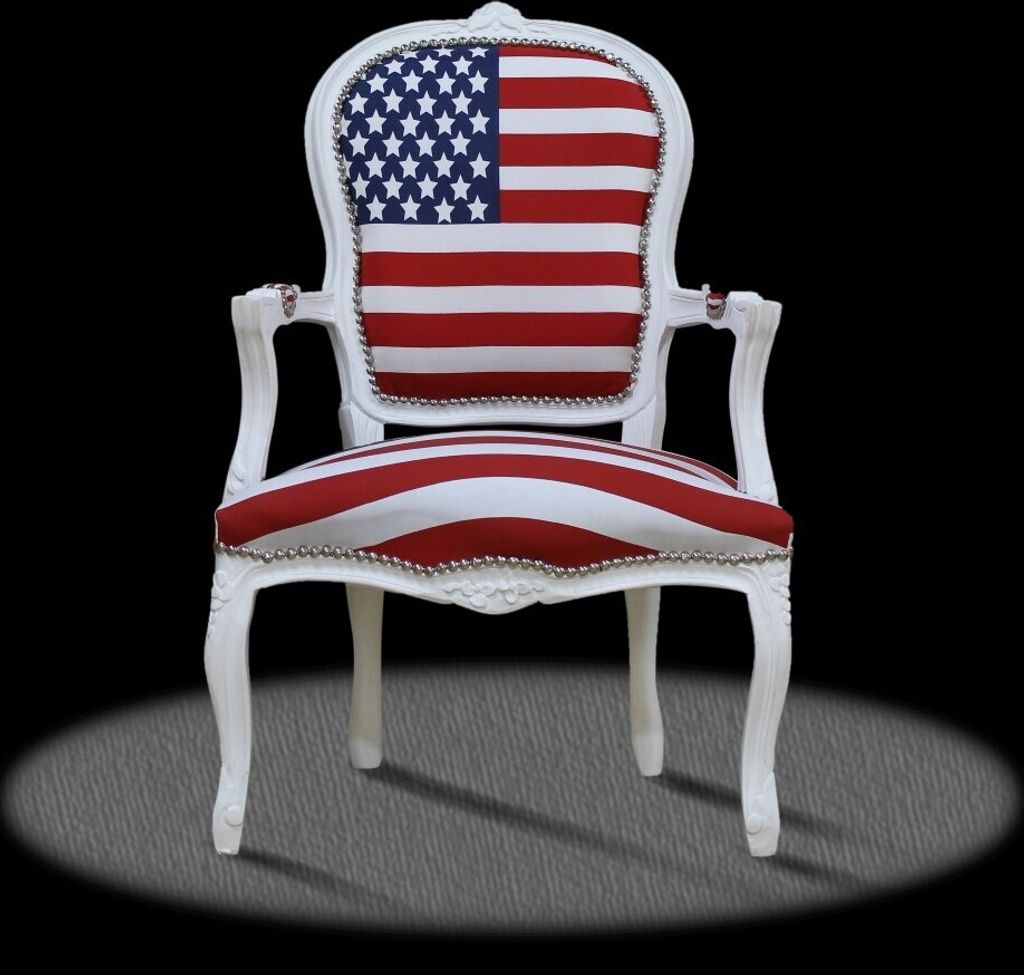 Barockstuhl Barock Stuhl Salon Salonstuhl Armlehne USA Weiß Stoff Esszimmer Wohnzimmer Büro Flur Schminkstuhl Klassisch Premium Luxus Modern Retro