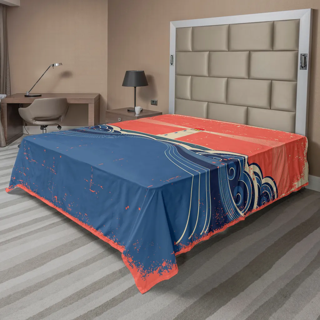 ABAKUHAUS Lenzuolo con stampa faro, stile grunge Stampa artistica faro Raggio in movimento Tema marino Ondulato, morbido e confortevole lenzuolo superiore per un letto decorativo 1 pezzo 244 cm x 205 cm, blu corallo bianco