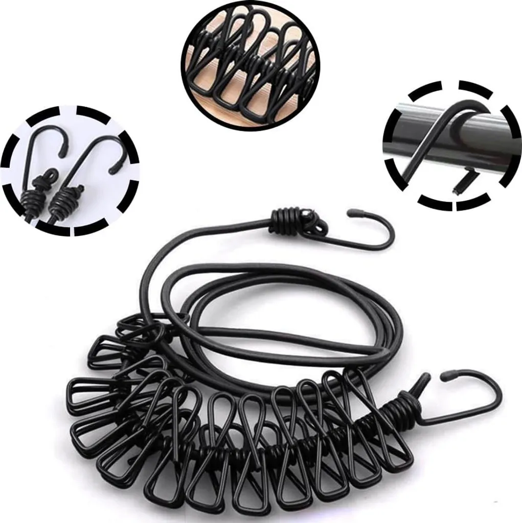 Corde à Linge Extensible Noire avec Crochets - Séchage Rapide Extérieur