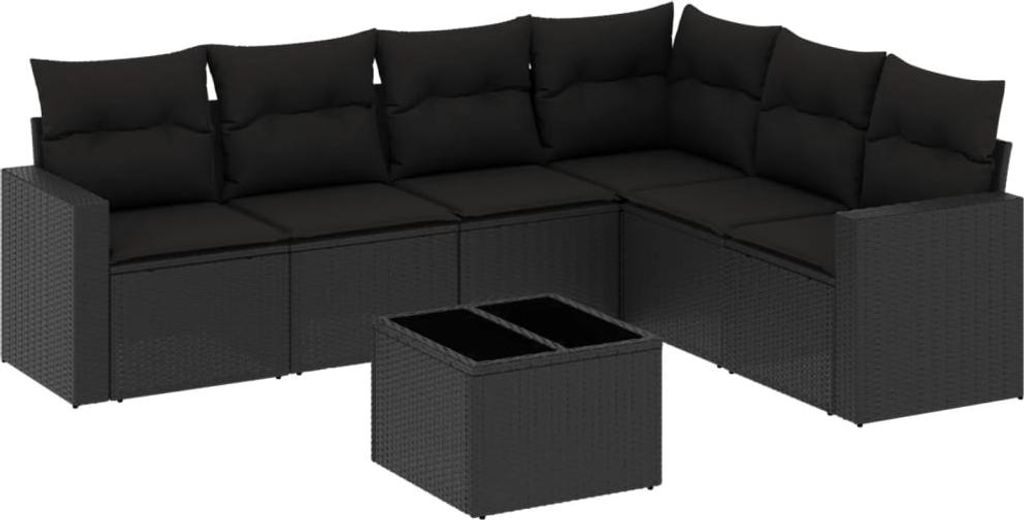 vidaXL 7-tlg. Garten-Sofagarnitur mit Kissen Schwarz Poly Rattan