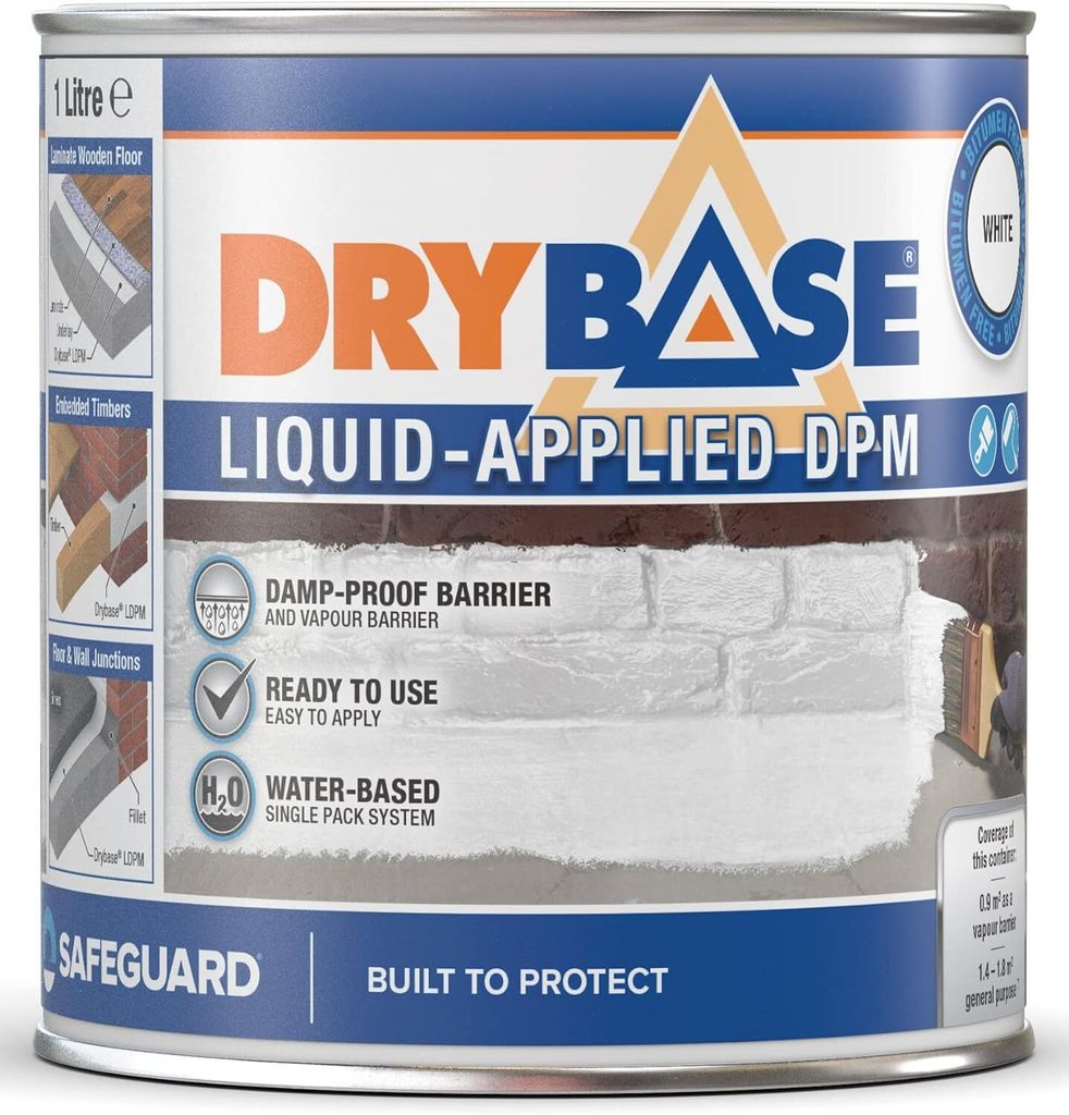 Drybase DPM flüssige Dichtbeschichtung 1L, Weiß - Feuchtigkeitsisolierende Membran mit Bitumen freier Formulierung. Wasserfeste Farbe