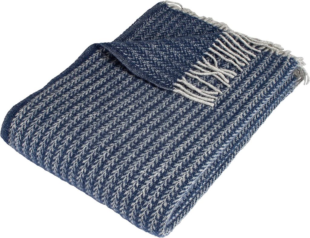 Wolldecke Wende-Plaid Wohndecke im Scandi Design 100% Schurwolle mit Woolmark Siegel 130 x 200 cm Blau