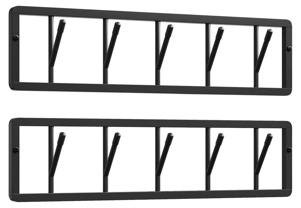 Metall Garderobenleiste - Wandgarderobe mit Haken - Set mit 2 Leisten - 5 drehbare Haken - 60x1,5x15 cm - Für Jacken Handtücher Schlüssel - Schwarz