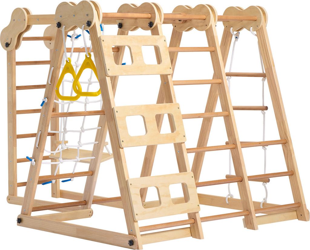 7-in-1 Multifunktionales Faltbares Klettergerüst aus Holz mit Rutsche,Kletterstange,Schaukel,Kletterseil,Netzleitern und mehr –Platzsparend und ...