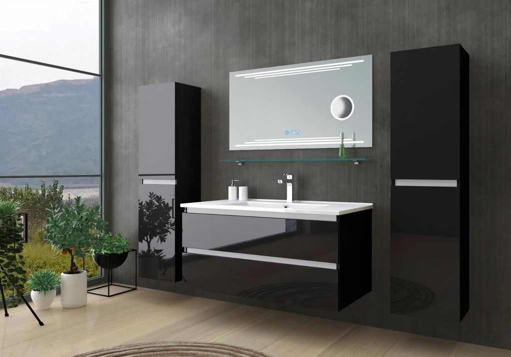 Badmöbel Set Schwarz Badezimmermöbel Waschtisch Kosmetik Spiegel 90 cm