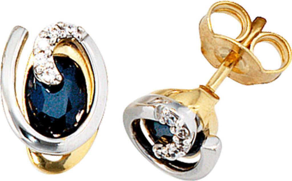 Ohrstecker Ohrschmuck Saphir & 10 Diamanten 585 Gelbgold & Weißgold Damen