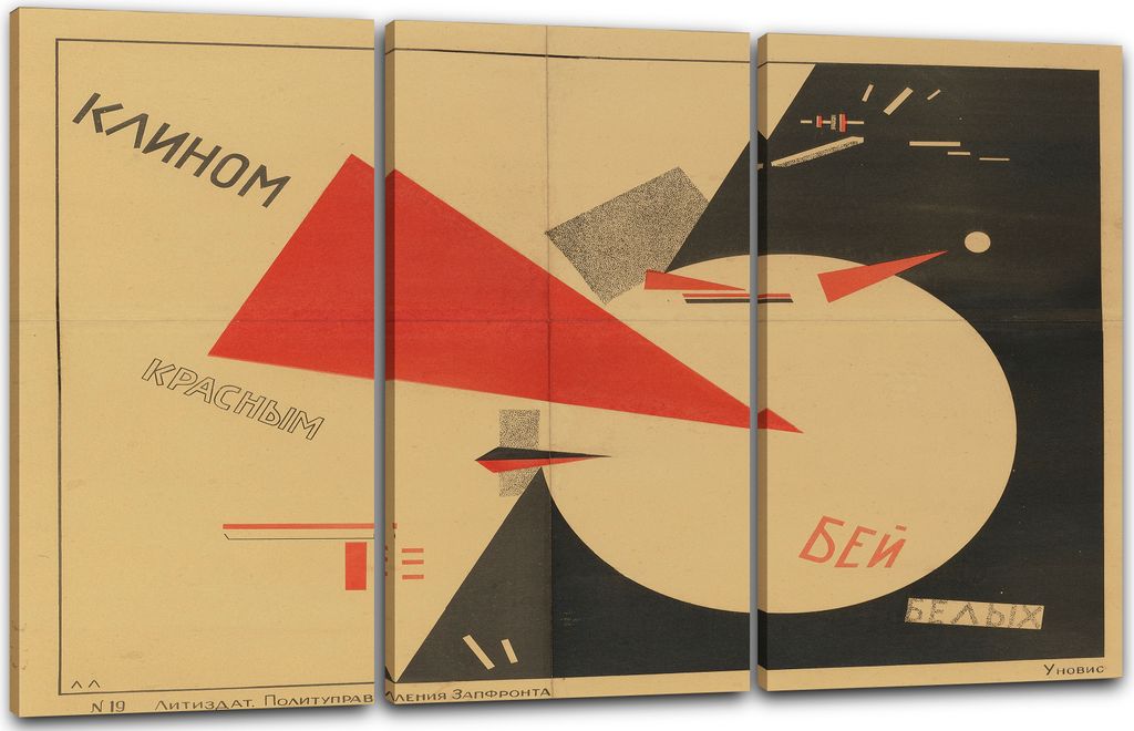 Leinwandbild 3-teilig (120x80cm): El Lissitzky - BEAT THE WHITES WITH THE RED WEDGE, echter Holz-Keilrahmen inkl. Aufhänger, handgefertigt in Deu...