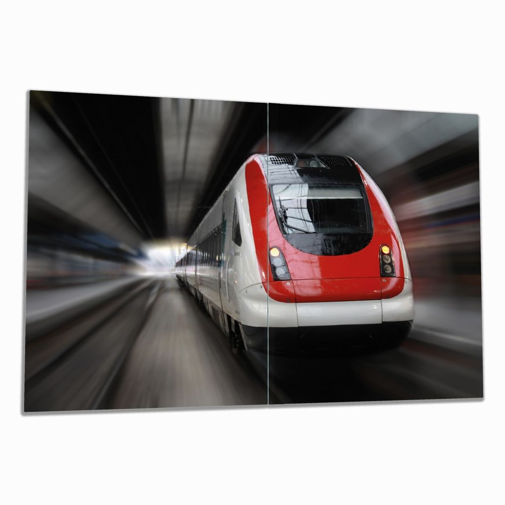 Wallario Herdabdeckplatte aus Glas, Größe 80 x 52 cm 2-teilig, Motiv Fahrender Zug von vorn in rot- Perspektive von vorn