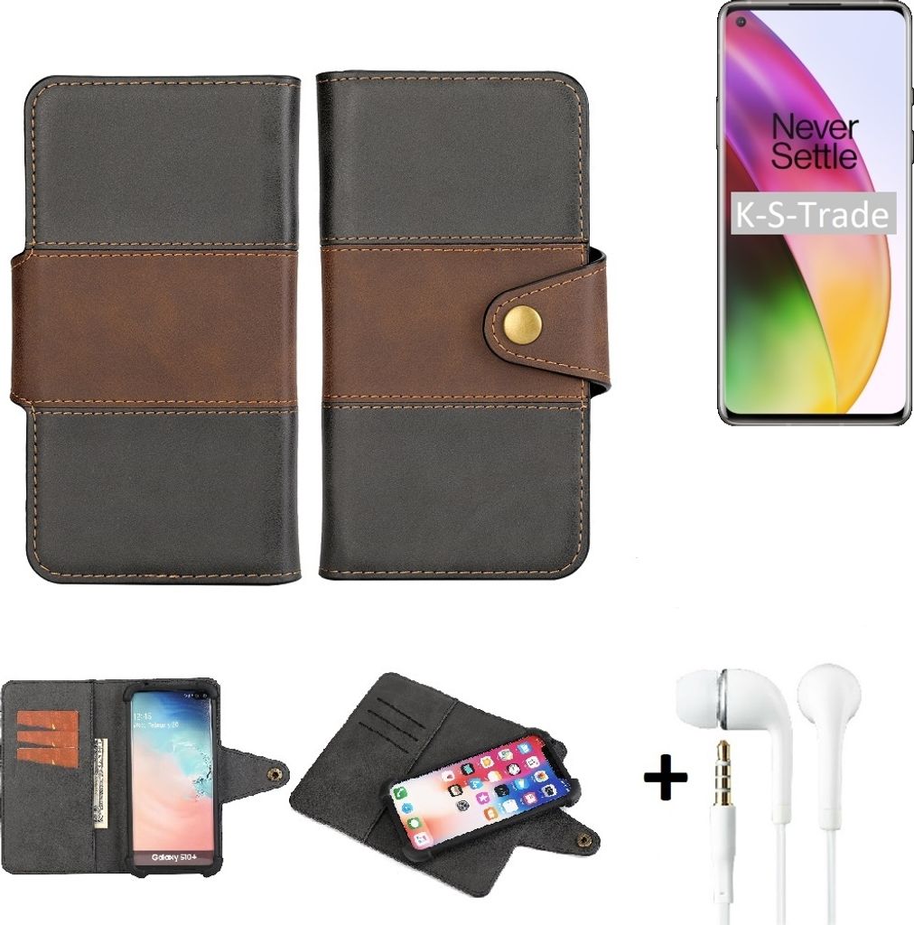 K-S-Trade Handyhülle Schutzhülle Bookstyle Wallet-Case kompatibel mit OnePlus 8 + earphones Bumper rundumschutz schwarz-braun 1x